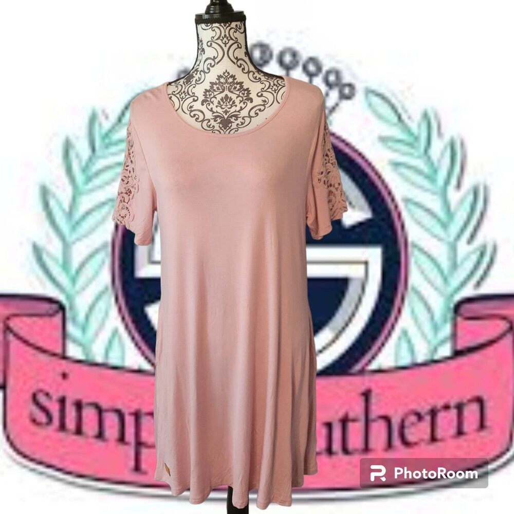 Simply Southern Pink Crochet Sleeve Pocket Tunic Dress L NWT